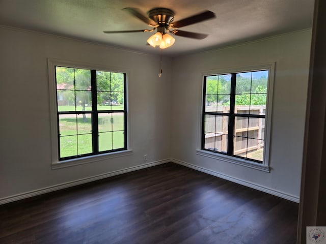 spare room with ceiling fan and dark hardwood / wood-style flooring