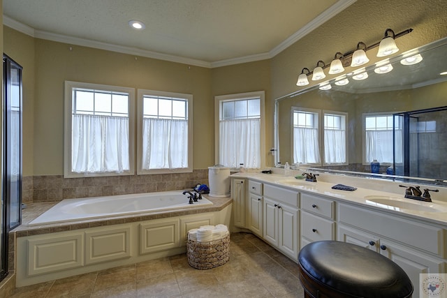 bathroom with a bathtub, vanity, and crown molding