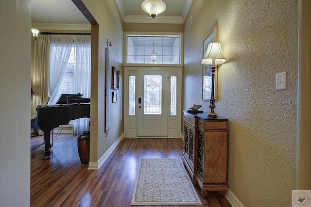 entryway featuring a healthy amount of sunlight, ornamental molding, and dark wood-type flooring