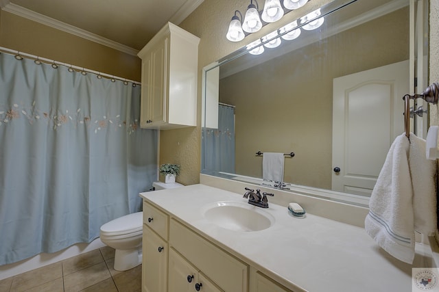 bathroom featuring crown molding, toilet, tile patterned floors, and vanity