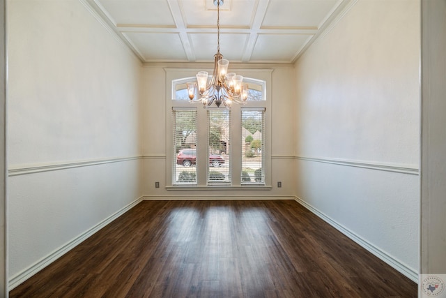 unfurnished dining area featuring a chandelier, coffered ceiling, dark wood finished floors, and baseboards