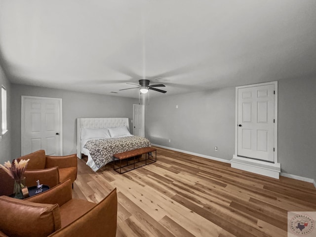 bedroom featuring ceiling fan and light wood-type flooring