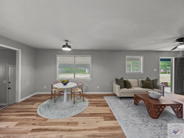 living room with light wood-type flooring and ceiling fan