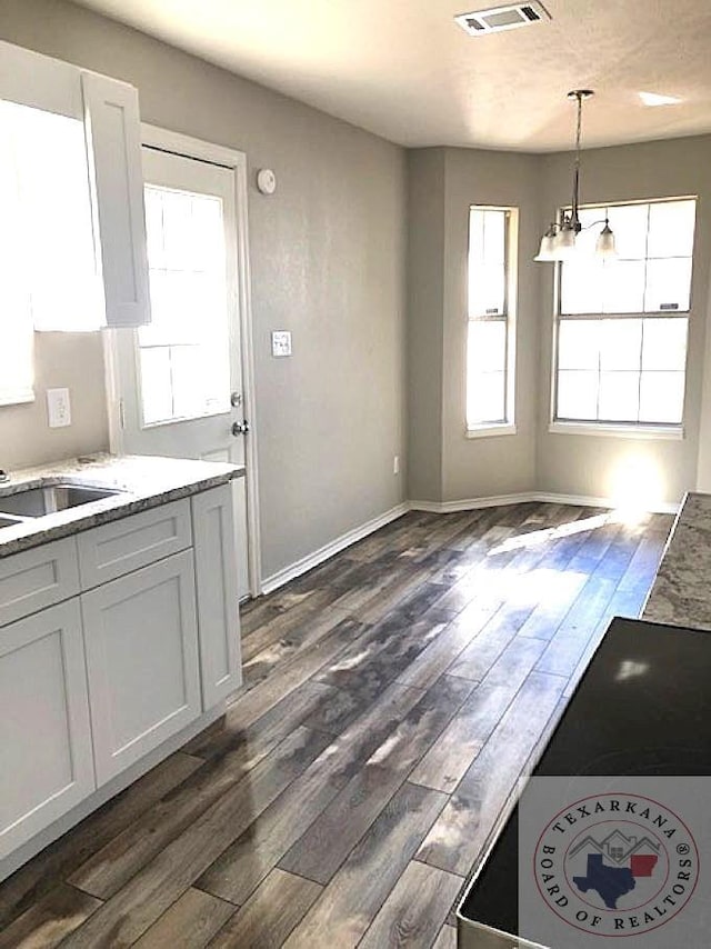 unfurnished dining area featuring dark wood-style flooring, a sink, visible vents, and baseboards