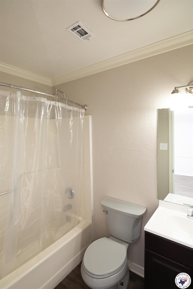 4718 Charleston St, Texarkana, AR 71854 - bathroom with crown molding, shower / tub combo with curtain, vanity, and toilet