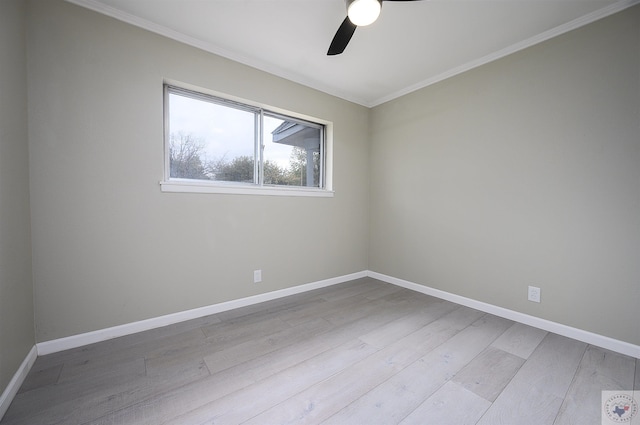 unfurnished room featuring ceiling fan, ornamental molding, and light hardwood / wood-style floors