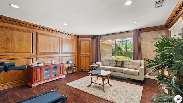 living room with recessed lighting, dark wood finished floors, and visible vents