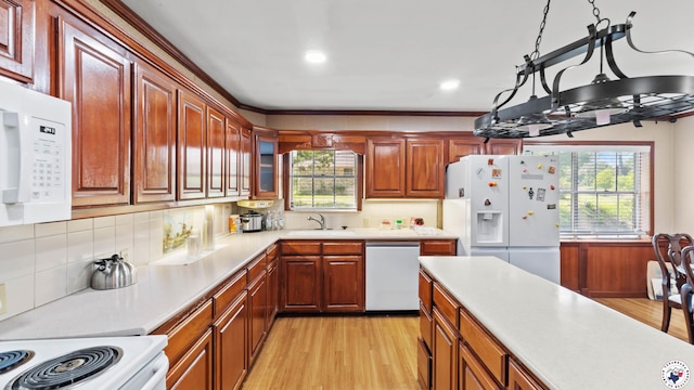 kitchen with plenty of natural light, light countertops, a sink, white appliances, and light wood-style flooring