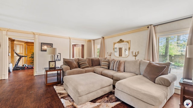 living room with a wealth of natural light and dark wood-type flooring
