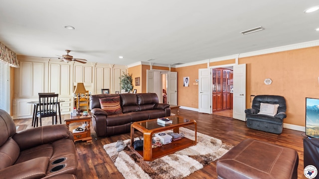 living room with visible vents, recessed lighting, ceiling fan, and dark wood finished floors