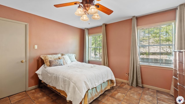 bedroom with a ceiling fan and baseboards