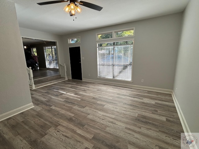 foyer with ceiling fan and dark wood-type flooring