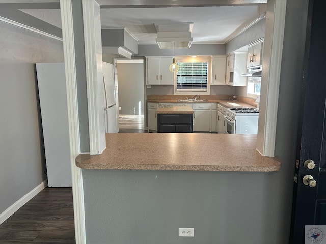 kitchen with kitchen peninsula, dark hardwood / wood-style flooring, sink, white cabinets, and white appliances