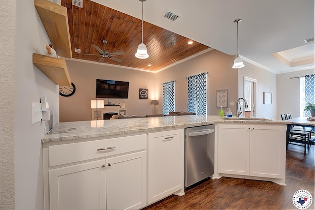 80 Chester Field Cir, Texarkana, TX 75503 - kitchen featuring a sink, stainless steel dishwasher, ornamental molding, dark wood-style floors, and open floor plan