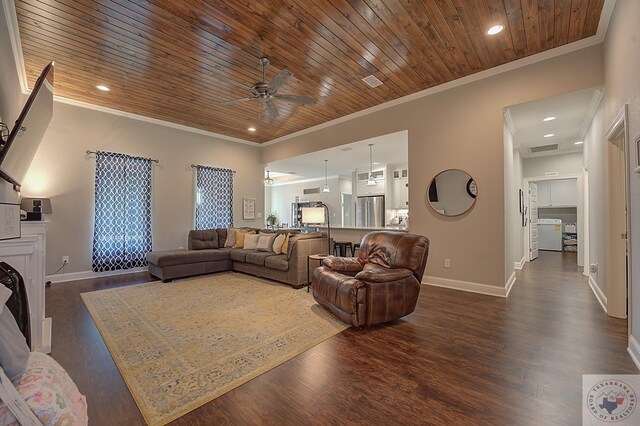 living area with crown molding, wood ceiling, dark wood-type flooring, and baseboards