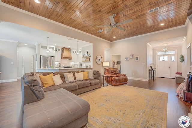 80 Chester Field Cir, Texarkana, TX 75503 - living area featuring wooden ceiling, recessed lighting, dark wood finished floors, ornamental molding, and a ceiling fan