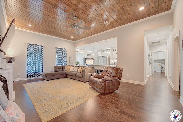 80 Chester Field Cir, Texarkana, TX 75503 - living room with ornamental molding, dark wood-style flooring, wooden ceiling, a ceiling fan, and baseboards