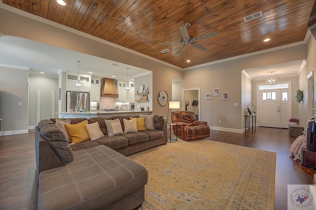 living area featuring dark wood-style floors, visible vents, baseboards, recessed lighting, and wood ceiling