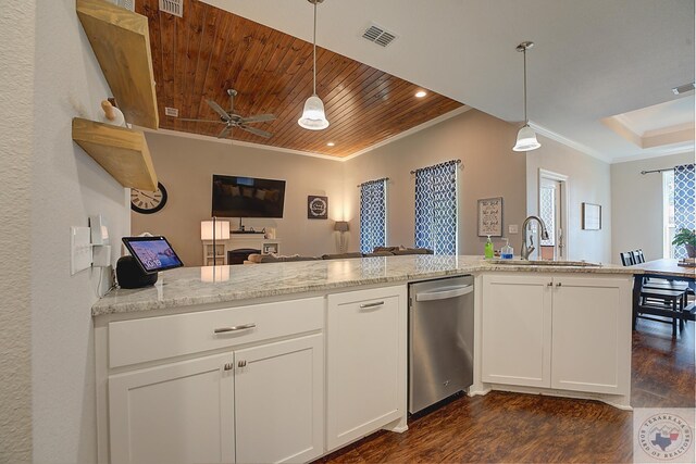 kitchen featuring visible vents, a sink, stainless steel dishwasher, wooden ceiling, and crown molding