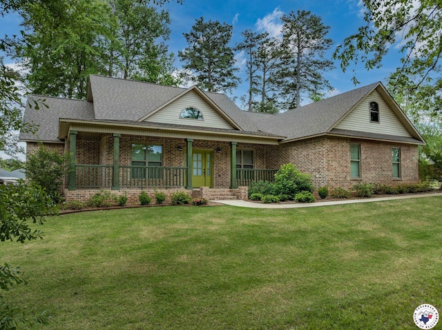 3401 Skyline Blvd, Texarkana, TX 75503 - view of front facade featuring brick siding, a shingled roof, a front lawn, and covered porch