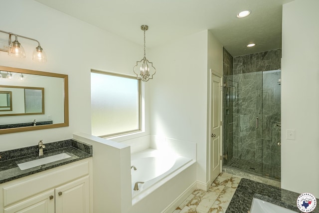 10 King Ranch Rd, Texarkana, TX 75503 - full bath featuring marble look tile flooring, vanity, a bath, a shower stall, and recessed lighting