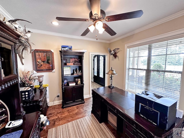 home office with ceiling fan, wood-type flooring, crown molding, and french doors