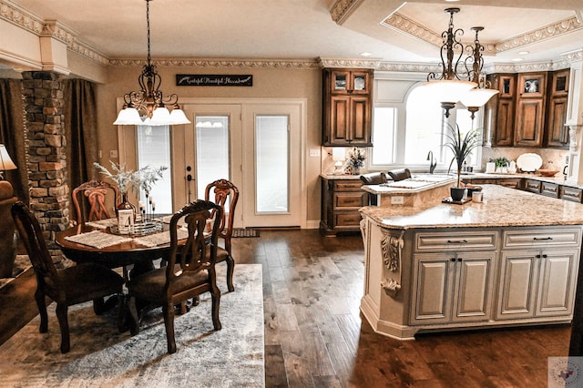 kitchen featuring decorative light fixtures, a kitchen island with sink, light stone countertops, and dark hardwood / wood-style flooring