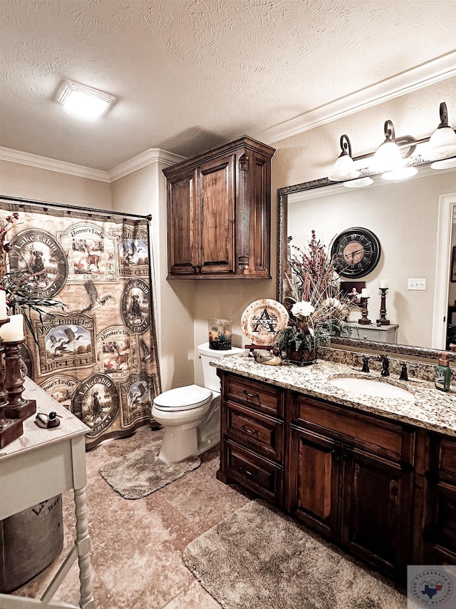 bathroom with crown molding, toilet, a textured ceiling, and vanity