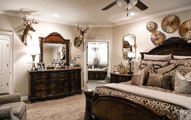 bedroom with carpet floors, connected bathroom, ceiling fan, and ornamental molding