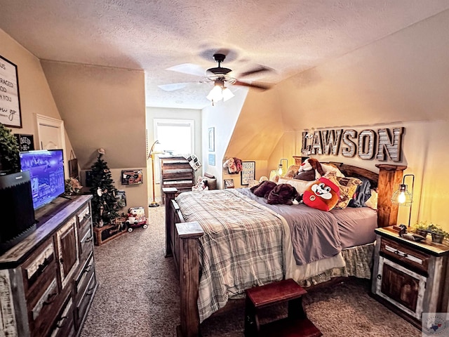 bedroom featuring ceiling fan, a textured ceiling, vaulted ceiling, and dark carpet