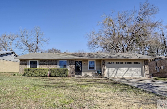 ranch-style house with brick siding, driveway, a front lawn, and a garage