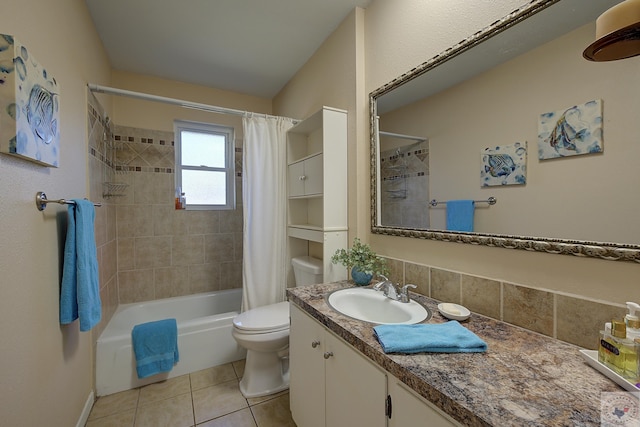 full bathroom with tile patterned flooring, shower / tub combo, toilet, and vanity