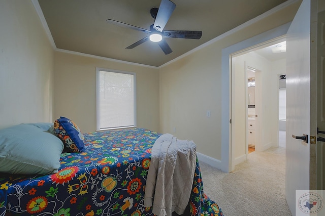 carpeted bedroom featuring a ceiling fan, multiple windows, crown molding, and baseboards