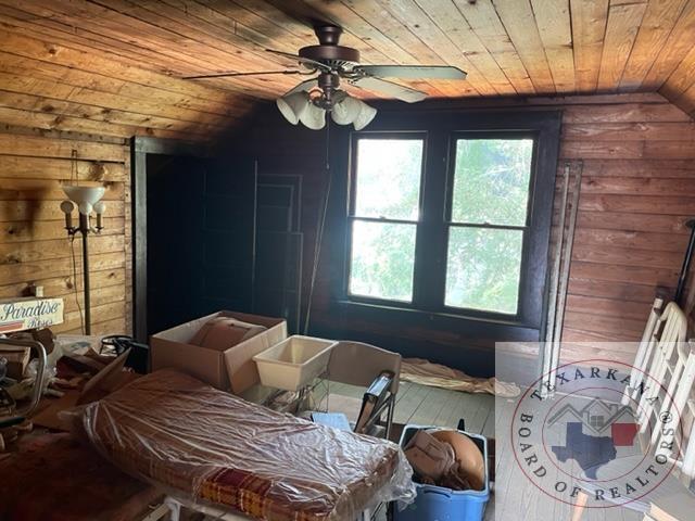 bedroom featuring ceiling fan, wood walls, wooden ceiling, and lofted ceiling