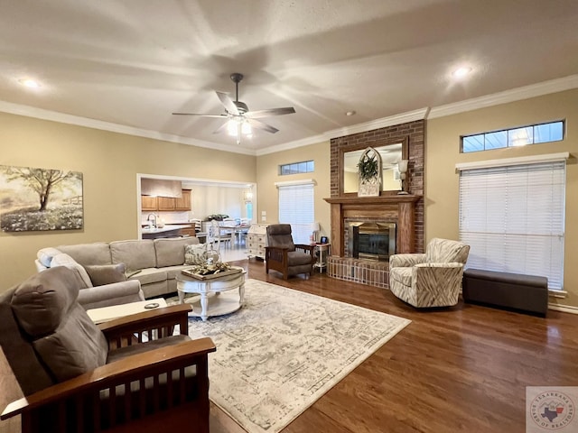 living room featuring dark wood-style floors, ceiling fan, a fireplace, and crown molding