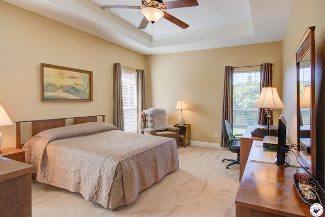 3705 Connie Ln, Texarkana, TX 75503 - bedroom with ornamental molding, a desk, light colored carpet, a raised ceiling, and ceiling fan