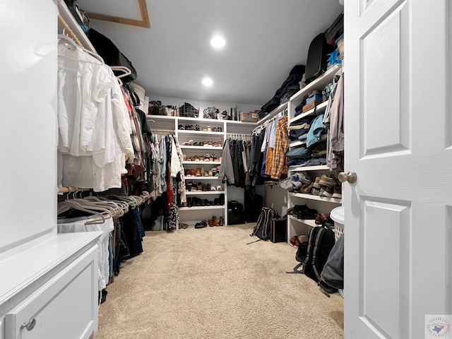 spacious closet featuring light colored carpet