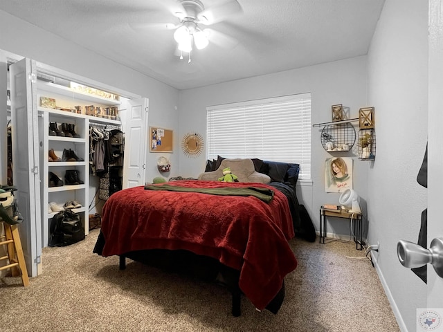 bedroom with carpet flooring, a closet, and ceiling fan