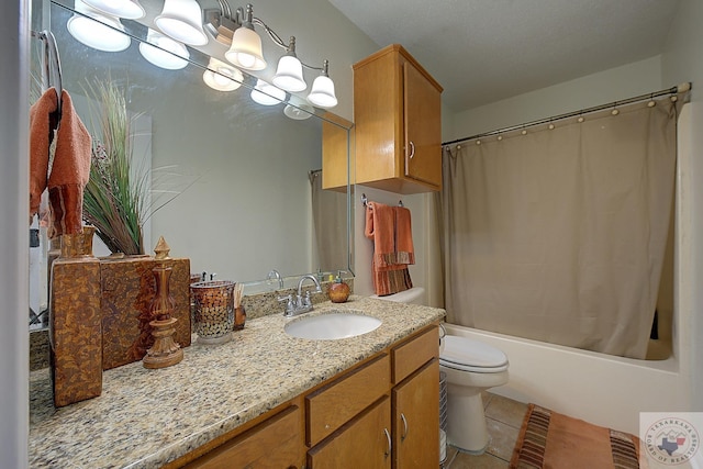 full bathroom featuring toilet, tile patterned floors, shower / bathtub combination with curtain, and vanity