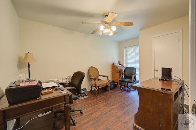 office with ceiling fan and dark hardwood / wood-style floors