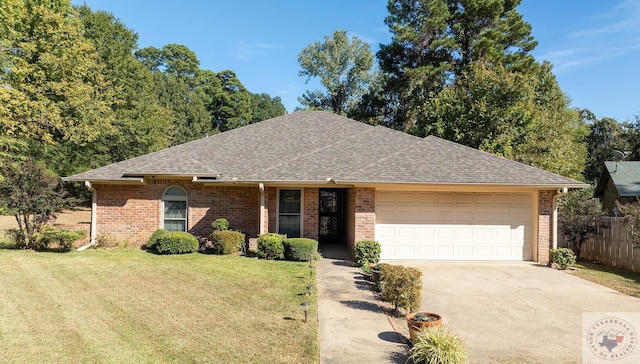 single story home featuring a garage and a front yard