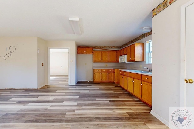 kitchen with sink and light hardwood / wood-style flooring