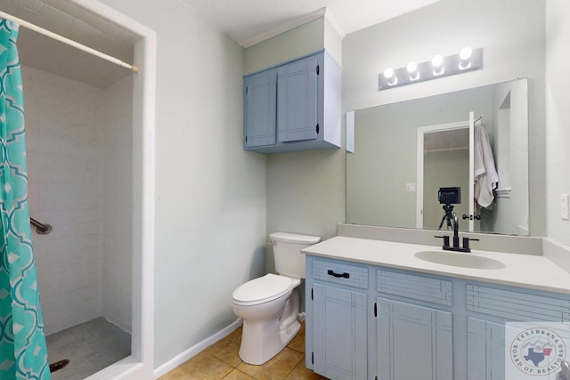 full bathroom featuring vanity, tile patterned flooring, a tile shower, and toilet