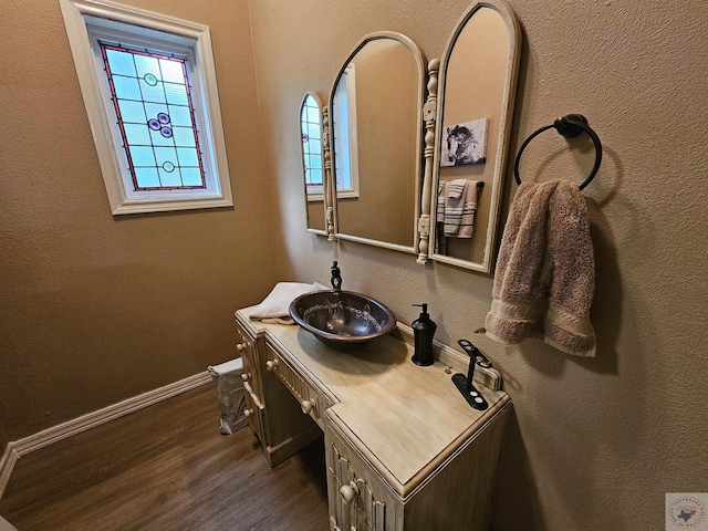 bathroom with hardwood / wood-style flooring, a wealth of natural light, and vanity