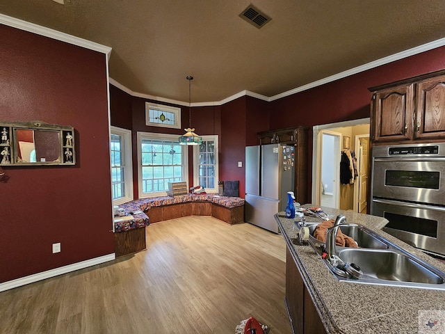 kitchen with light hardwood / wood-style floors, ornamental molding, appliances with stainless steel finishes, and sink