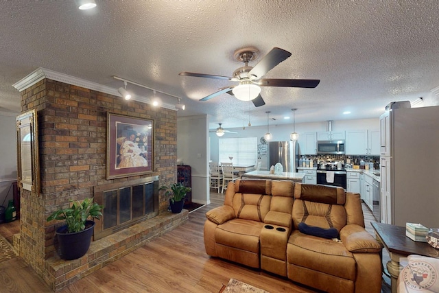 living room featuring a textured ceiling, a fireplace, rail lighting, light hardwood / wood-style flooring, and crown molding