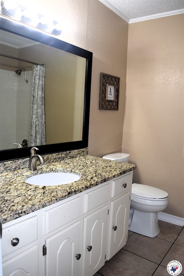 bathroom featuring crown molding, tile patterned floors, vanity, curtained shower, and toilet