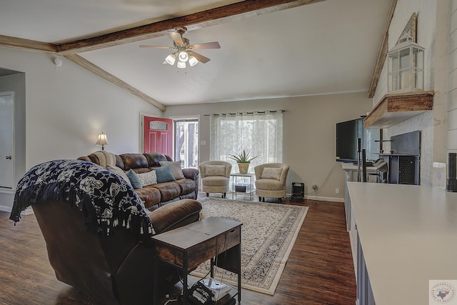 living room featuring ceiling fan, dark wood-type flooring, and lofted ceiling with beams