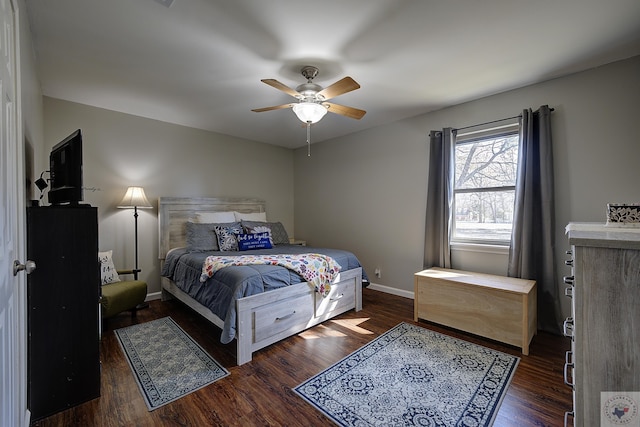 bedroom featuring ceiling fan and dark hardwood / wood-style floors