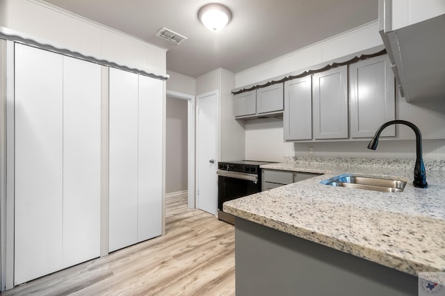 kitchen featuring sink, gray cabinets, electric range oven, and kitchen peninsula